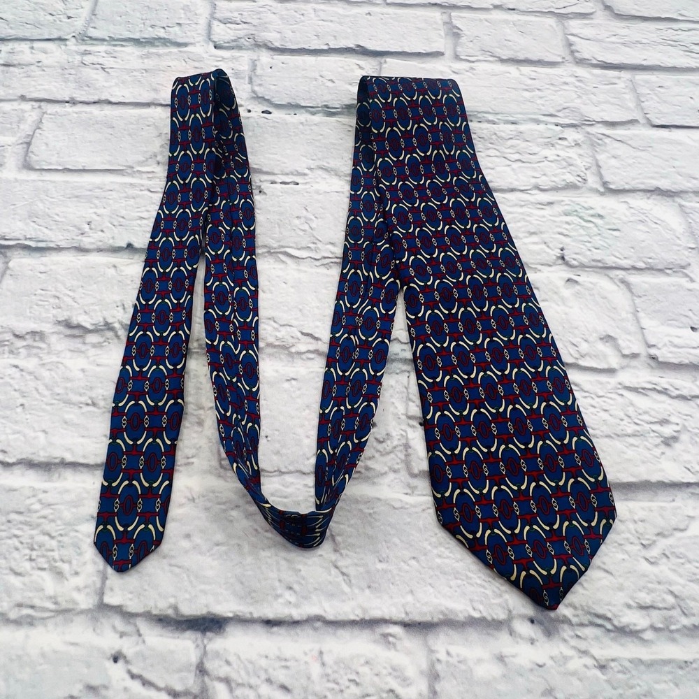 Brooks Brothers Makers Mens Silk Tie Navy Blue Red Gold Geometric Chain Link USA